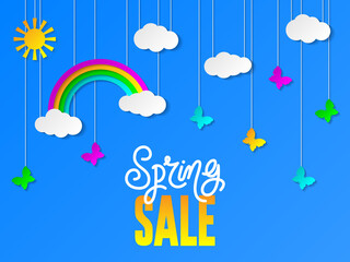 Spring sale banner with sky, butterflies and sale text. Design template for discount vouchers, marketing posters, web banners, shopping flyers. Sale and special offer.