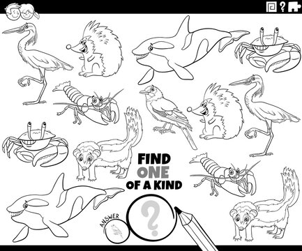 one of a kind task with cartoon wild animals coloring book page