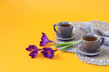 Two grey coffee cups with crocus flowers on a grey napkin, yellow background, space for text