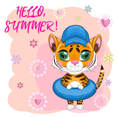 Cartoon tiger with swimming circle in summer hat, Summer is coming. Vacation, sea, rest. Children's stylistics, cute. Symbol of 2022
