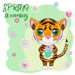 Cartoon tiger with a bouquet of flowers, Spring is coming. Children's stylistics, cute. Symbol of 2022 New Year