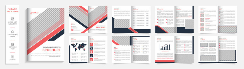 Red and black 16 page corporate modern bi fold multipurpose business brochure template design - obrazy, fototapety, plakaty