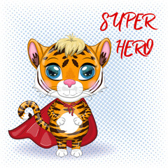 Cute cartoon tiger with beautiful eyes, orange in a red cloak, super hero