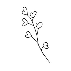 vector branch with leaves black and white. Minimalistic botanical illustration, hand drawing