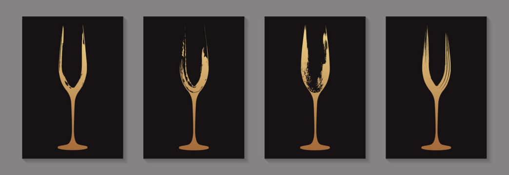 Modern abstract luxury card templates for champagne tasting invitation or bar and restaurant menu or banner or logo with golden glasses in grunge style on a black background.