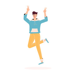 Happy person jumping. Man with raised hands jumping in the air. Positive and laughing men. Young funny teen guy celebrate victory and enjoy success. Flat vector illustration isolated on white
