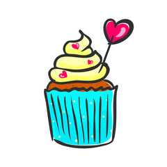 Cupcake with yellow cream cap with heart decoration. Doodle muffin isolated on white