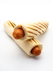 delicious french hot dogs on white background