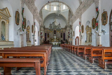 Interior of the Campeche Cathedral with Christmas decorations, Campeche, Mexico.