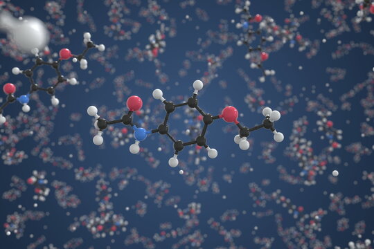 Phenacetin molecule made with balls, scientific molecular model. Chemical 3d rendering