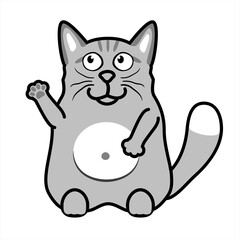 Funny fat cat on hind legs for greeting card design t-shirt, print or poster. Gray cat with white belly waving paw or greets. Vector illustration isolated on a white background.