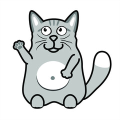 Funny fat cat on hind legs for greeting card design t-shirt, print or poster. Gray cat with white belly waving paw or greets. Vector illustration isolated on a white background.