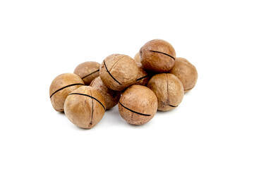 Macadamia nuts roasted in shell isolated on white