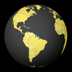 Suriname on dark globe with yellow world map. Country highlighted with blue color. Satellite world projection centered to Suriname. Modern vector illustration.