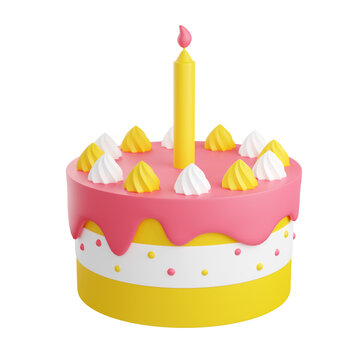 Birthday cake with decoration and candle 3d render illustration.