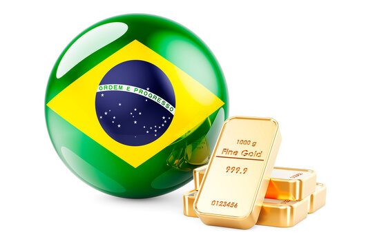 Golden ingots with Brazilian flag. Foreign-exchange reserves of Brazil concept. 3D rendering