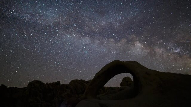 Time lapse pan of Milky Way galaxy rising over Scorpius Arch in California