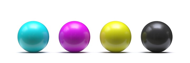 Spheres in CMYK colors - cyan, magenta, yellow, black 3D