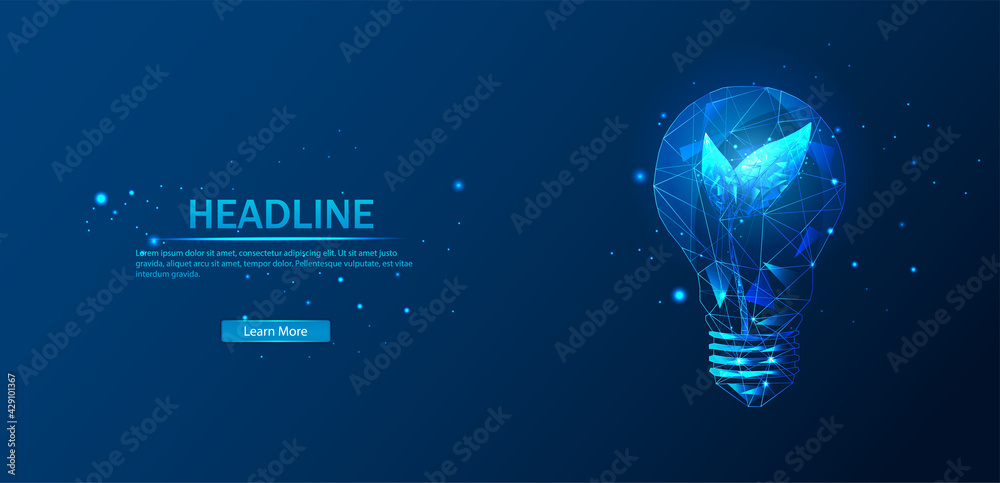 Wall mural abstract low-poly light bulb with a sprout inside. the internet technology triangle icon is a concep