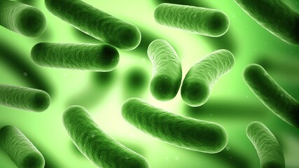 Bacteria on green background. Prokaryotic microorganisms. Bacillus. 3d illustration.