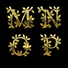 Golden leaf style font alphabet - letters M-P