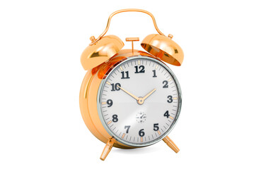Golden alarm clock, 3D rendering