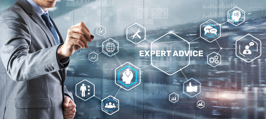 Expert advice. Businessman hand touching inscription on virtual screen