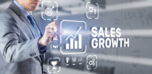 Sales Growth Man clicks inscription on virtual 3D screen