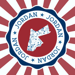 Jordan Badge. Round logo of country with triangular mesh map and radial rays. EPS10 Vector.