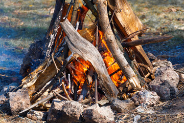 bonfire burning, bright sunny day, beautiful nature, travel, hiking and camping concept