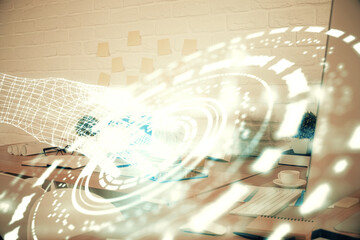 Naklejka premium Double exposure of data theme drawing and office interior background. Concept of technology.