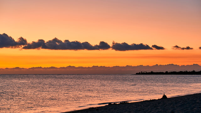 Cuba. Trinidad. Evening in Ancon. Sunset flames over the Caribbean