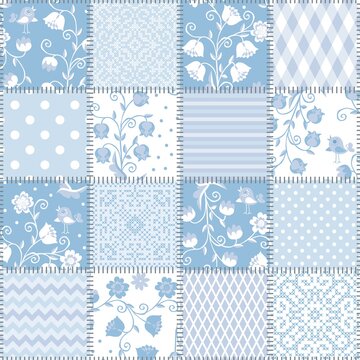 Seamless patchwork pattern with beautiful floral and geometric ornament in light blue colors. Quilt design in country style.