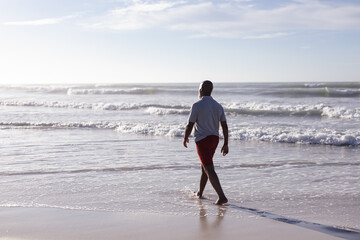 Rear view of senior african american man walking on the beach