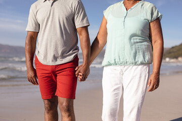 Mid section of african american couple holding hands standing on the beach - Powered by Adobe