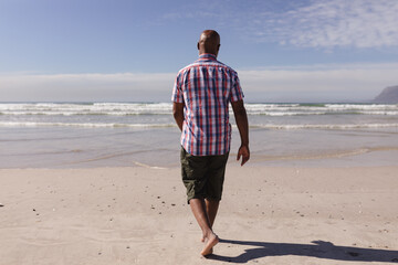 Rear view of senior african american man walking on the beach