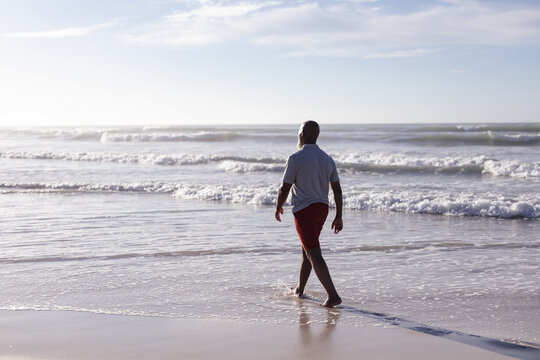 Rear View Of Senior African American Man Walking On The Beach