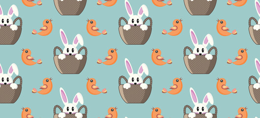 Fototapeta premium Seamless pattern with cute bunny sitting in a basket and a flying bird, vector 