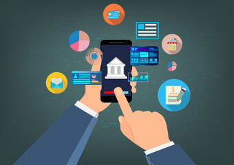 Hand holding mobile phone and messages.Man chatting on mobile with sms chat and group chat concept.talking ,conversation, dialog.Vector flat cartoon and social online concept idea.