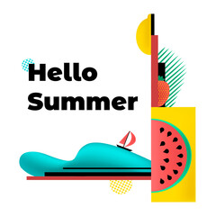 Abstract Background Frame of geometric elements and Fruits with Sea and sailboat. Concept of the Summer season recreation. Square Corner format. Summer objects. Vector 3D illustration.