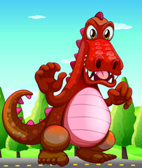 Angry t-rex Dinosaur. Green roaring Tyrannosaurus Rex, Prehistoric carnivorous dinosaur, Cartoon character illustration vector, Print design t-shirt clothes sticker poster.