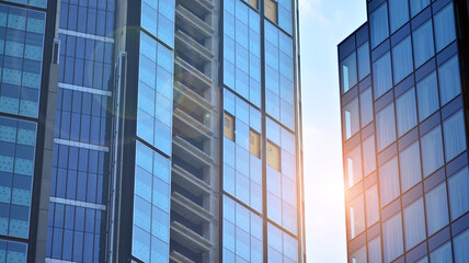 Fototapeta na wymiar Blue sky reflection in glass facade of building. View of office building windows close up with sunrise, reflection and perspective.. Glass facade on a bright sunny day with sunbeams on the blue sky. 