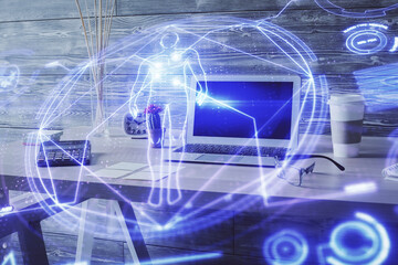 Double exposure of education theme drawing and office interior background. Concept of science.