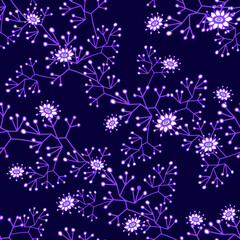 Floral blossom seamless pattern. Trendy colorful vector texture. Blooming botanical elements. Hand drawn small flowers on purple background.