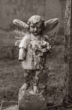 Stone angel watching over a quiet cemetery. Years of being out in the elements are shown in the wear on the statue and the missing forearm.