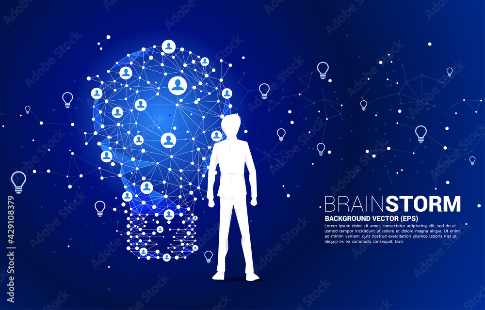 Poster businessman standing with light bulb from wireframe polygonal lines connect dot geometric with peopl