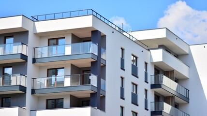 Fototapeta premium A fragment of modern architecture, walls and glass. Windows and balconies of a residential building against a blue sky. Detail of New luxury house and home complex. Part of city real estate property a