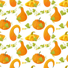 Orange pumpkin and leaves seamless pattern, vector illustration in cartoon style