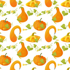 Orange pumpkin and leaves seamless pattern, vector illustration in cartoon style