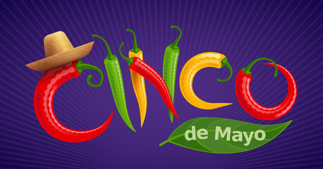 Cinco de Mayo lettering with red, green and yellow Chilli peppers